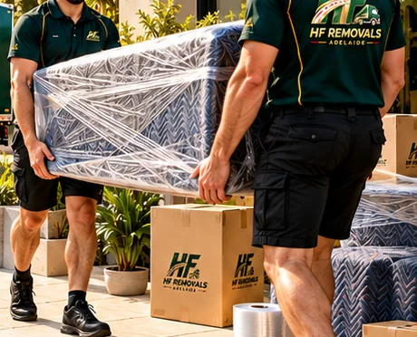 Two HF Removals movers carrying a mattress wrapped in protective film past stacked HF boxes and moving blankets